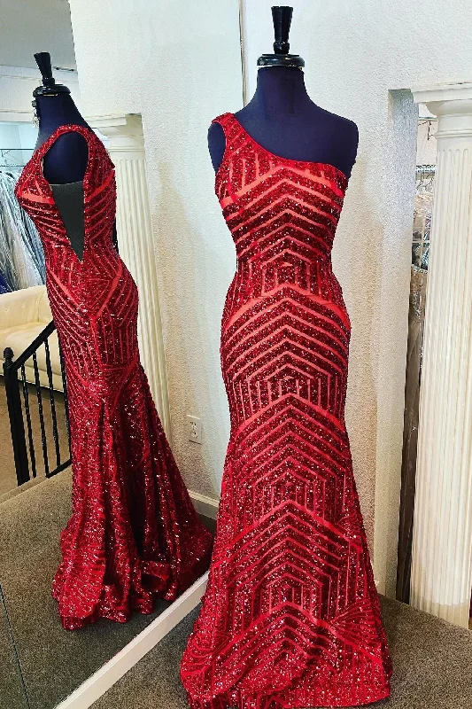 One Shoulder Wine Red Sequins Mermaid Long Dress Maxi Skirt Trend