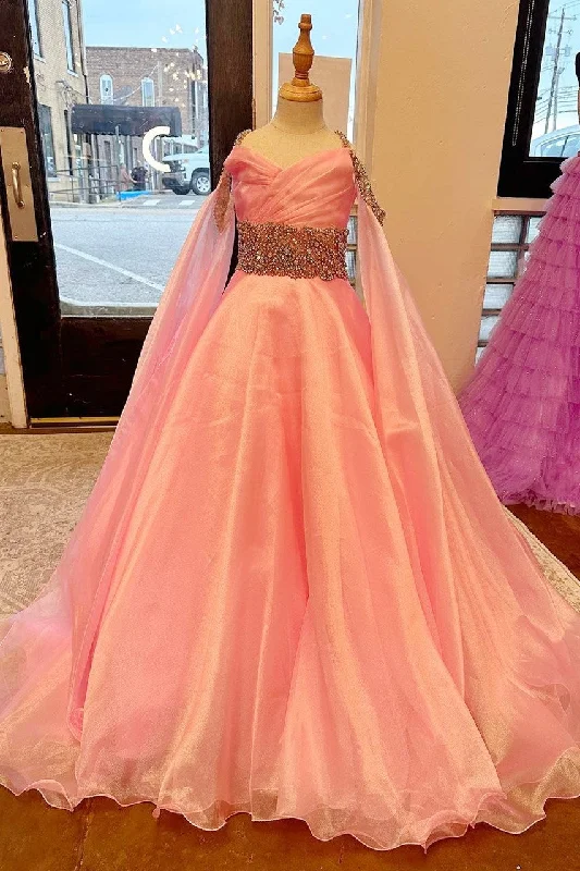 Pink Cold-Shoulder Beaded Long Girl Pageant Dress Summer Beach Maxi