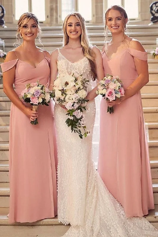 Pink Off-the-Shoudler Straps Chiffon Long Bridesmaid Dress Lace Maxi Skirt