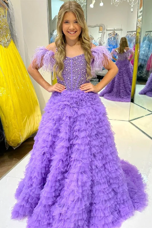 Purple Beaded Cold-Shoulder Ruffle Long Girl Pageant Dress Embroidered Maxi Skirt