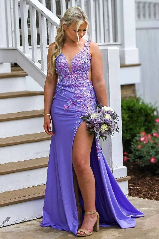 Purple V-Neck Appliques High Slit Mermaid Prom Dress Long Maxi Skirt Casual