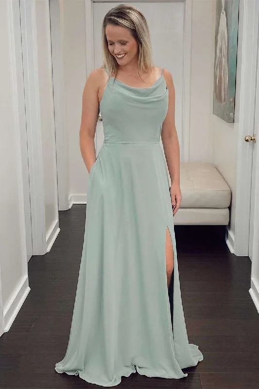 Sage Green Cowl Neck A-Line Long Bridesmaid Dress with Slit Soft Ruffled Maxi