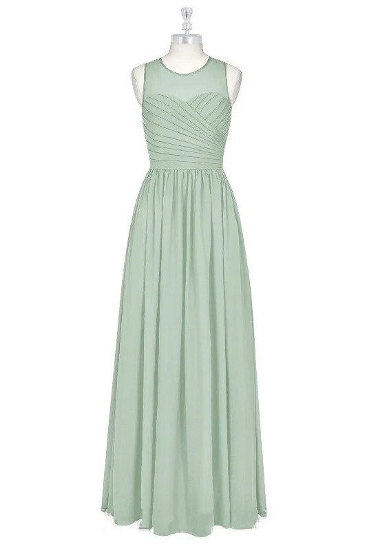 Sage Green Sheer Crew Neck Long Bridesmaid Dress Long Floral Skirt