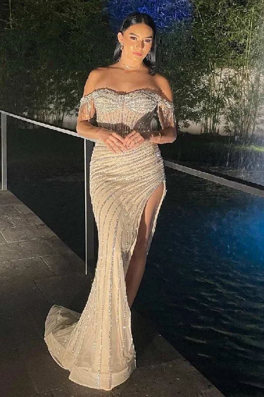 Stunning Off-Shoulder Beads Side Slit Mermaid Long Prom Formal Dress Summer Floral Maxi