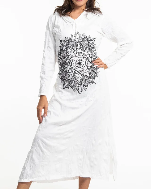 Womens Lotus Mandala Long Hoodie Dress in White Fitted Maxi Skirt