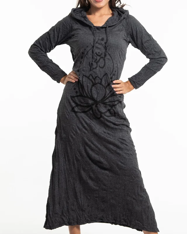 Womens Lotus Om Long Hoodie Dress in Black Casual Maxi Skirt