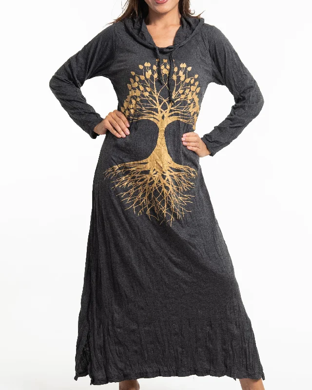 Womens Tree of Life Long Hoodie Dress in Gold on Black Comfortable Maxi Skirt