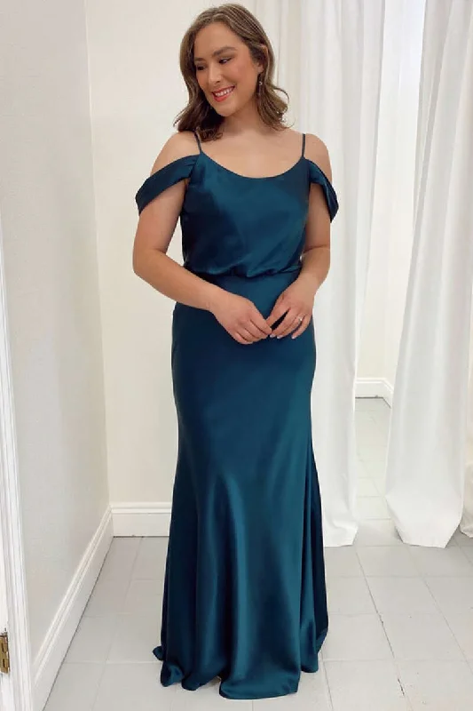 Teal Blue Satin Cold-Shoulder Long Bridesmaid Dress Sexy Maxi Skirt