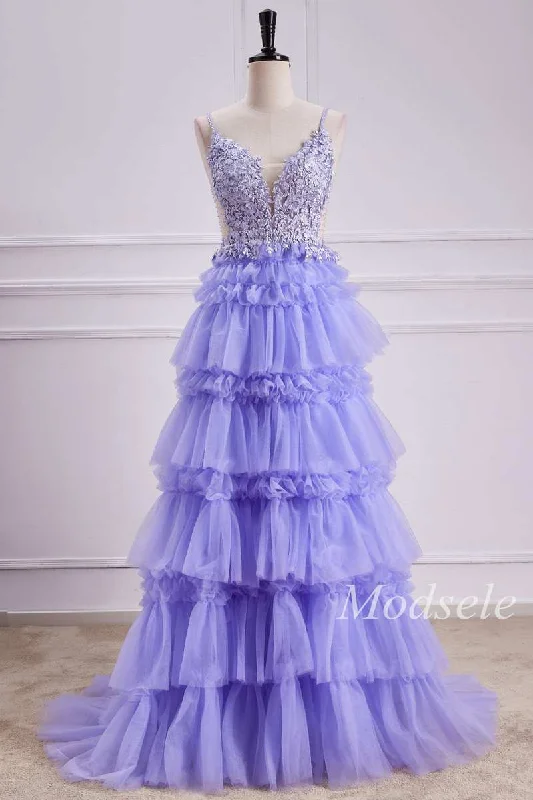 Tiered Ruffle Appliques Lace-Up Long Prom Dress in Lavender Maxi Skirt Collection