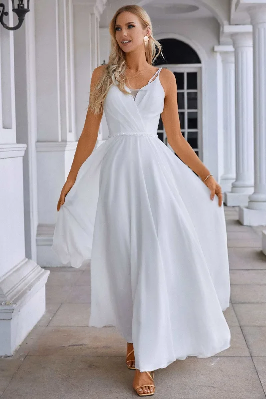 White Chiffon Surplice Neck A-Line Long Dress with Spaghetti Straps Elegant Maxi Skirt