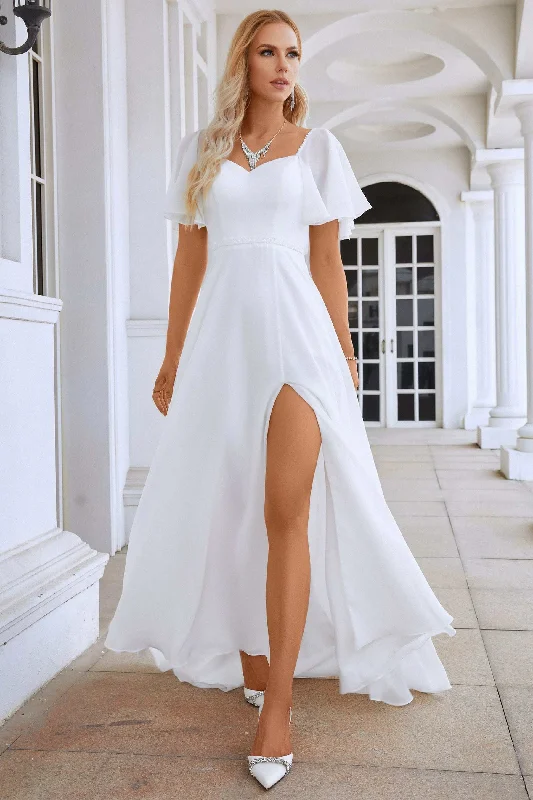 White Chiffon Tie-Back A-Line Long Dress with Flutter Sleeves Pleated Maxi Skirt