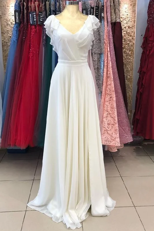 White Chiffon V-Neck Backless Ruffled Long Bridesmaid Dress Slim-fit Maxi Skirt