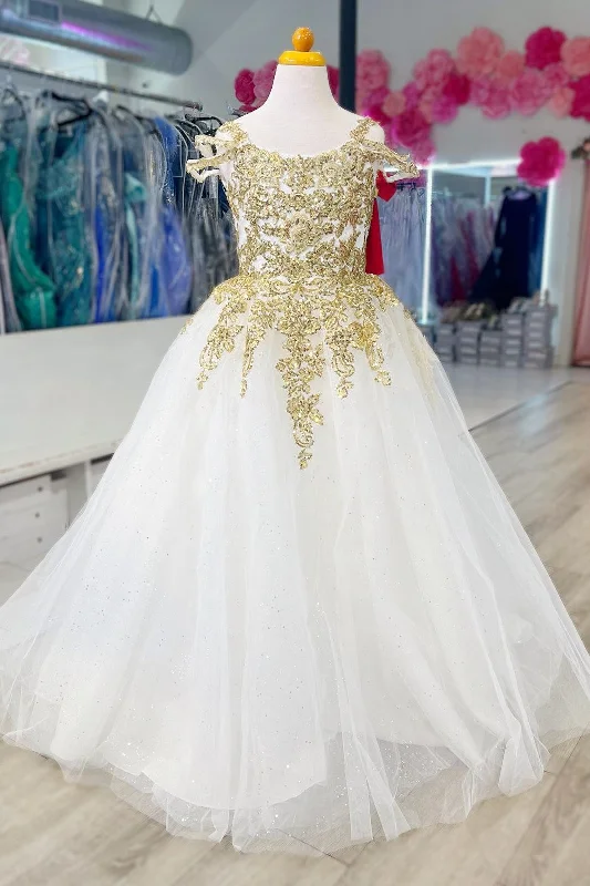 White Cold-Shoulder Long Girl Pageant Dress with Gold Appliques V-neck Maxi Skirt