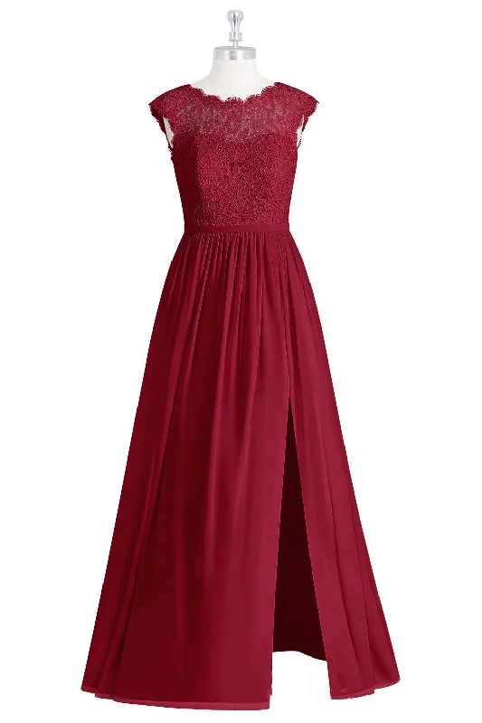 Wine Red Crew Neck Cap Sleeve Long Bridesmaid Dress with Slit Printed A-line Maxi