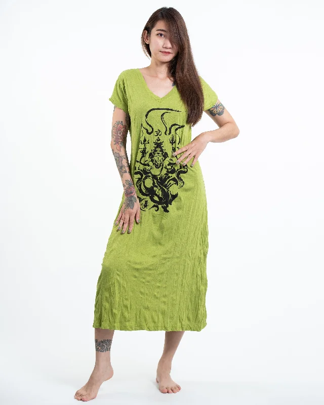 Womens Ganesh Chakra V Neck Long Dress in Lime Button-front Maxi Skirt