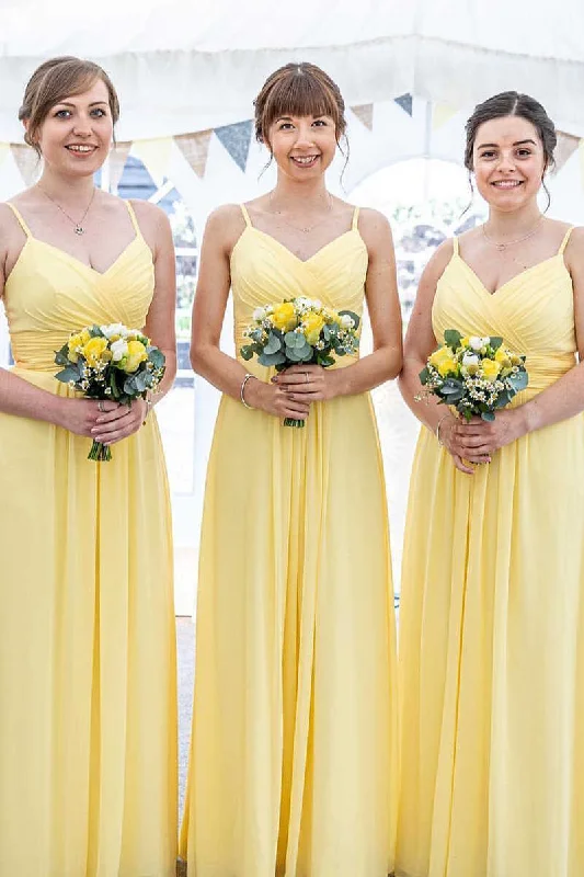 Yellow Chiffon Spaghetti Straps A-Line Long Bridesmaid Dress Pleated A-line Skirt