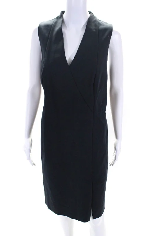 Akris Punto Womens Navy Cotton Blend V-Neck Belt Sleeveless Shift Dress Long unclassified dresses