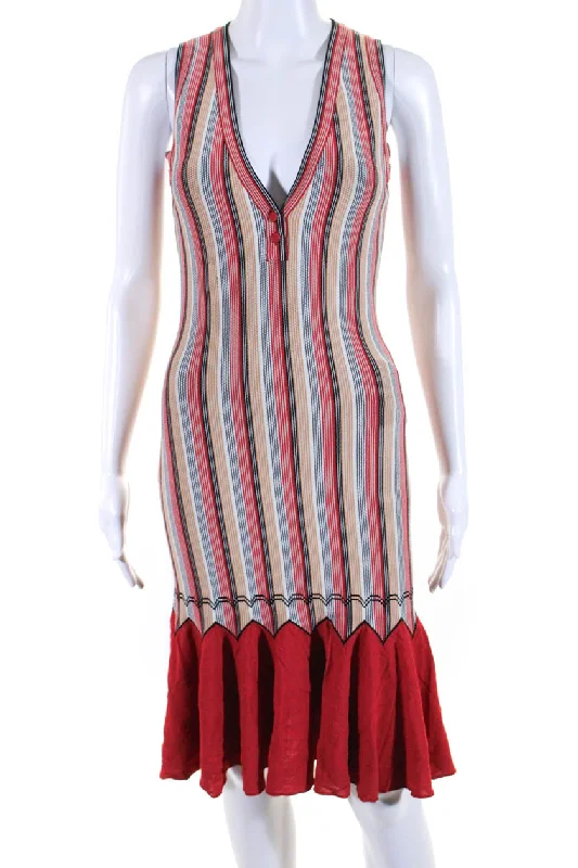 Alaia Womens Striped V Neck Body Con Sleeveless Dress Multi Colored High-end unclassified dresses