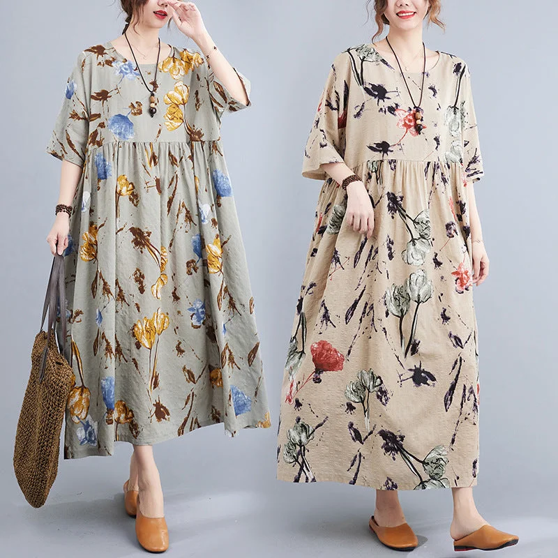 Artsy Loose-fit Cotton and Linen Printed Dress Street style unclassified dresses