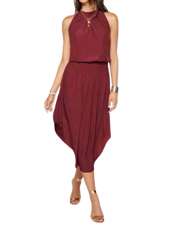 Audrey Smocked Midi Dress In Bordeaux Embroidered Midi Skirt