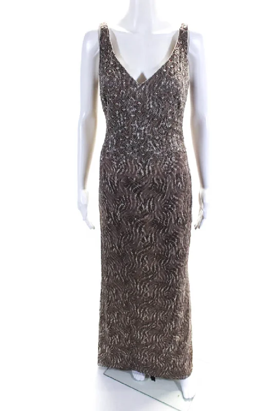 Badgley Mischka Womens Back Zip V Neck Crystal Beaded Silk Gown Brown High-low unclassified dresses