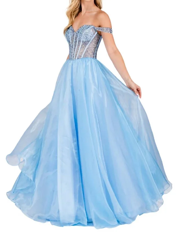 Beaded Off Shoulder Organza Gown In Baby Blue Striped unclassified dresses