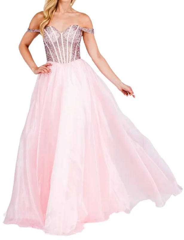 Beaded Off Shoulder Organza Gown In Pink High-low unclassified dresses