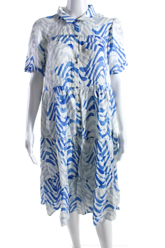 Better Rich Womens Striped Button Down A Line Dress White Blue Earthy tone unclassified dresses