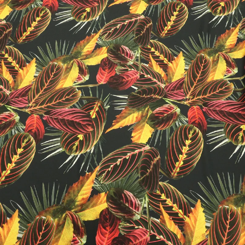 Black Background with Yellow, Red and Green Leaves Printed Fabric Striped unclassified dresses