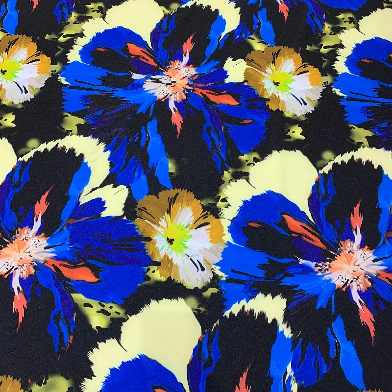 Blue Orange and Ivory Flowers on a Black Background Neoprene Printed Fabric Formal unclassified dresses