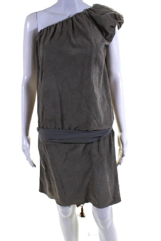 Brunello Cucinelli Womens Silk One Shoulder Belted Dress Gray Elegant unclassified dresses