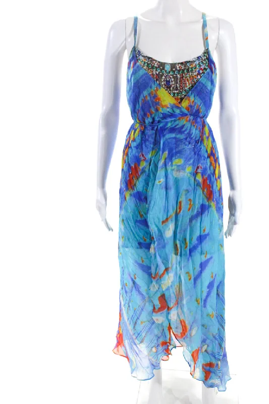 Camilla Womens Blue Abstract Print Bedazzled Sleeveless Hi-Low Dress Velvet unclassified dresses