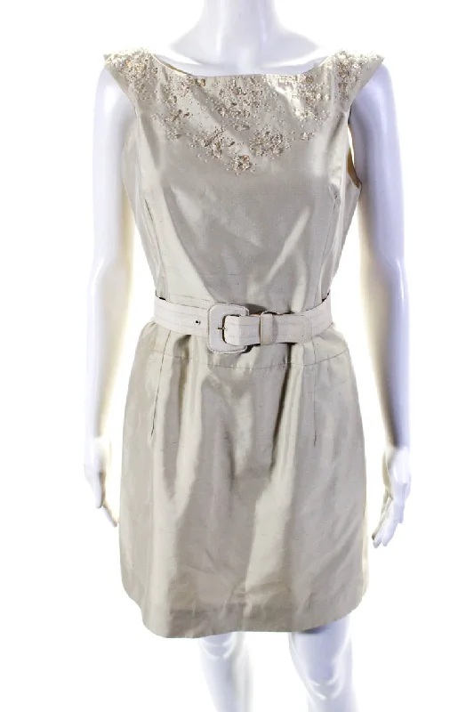 Carolina Herrera Womens Back Zip Beaded Belted Dress Beige Cotton Preppy unclassified dresses