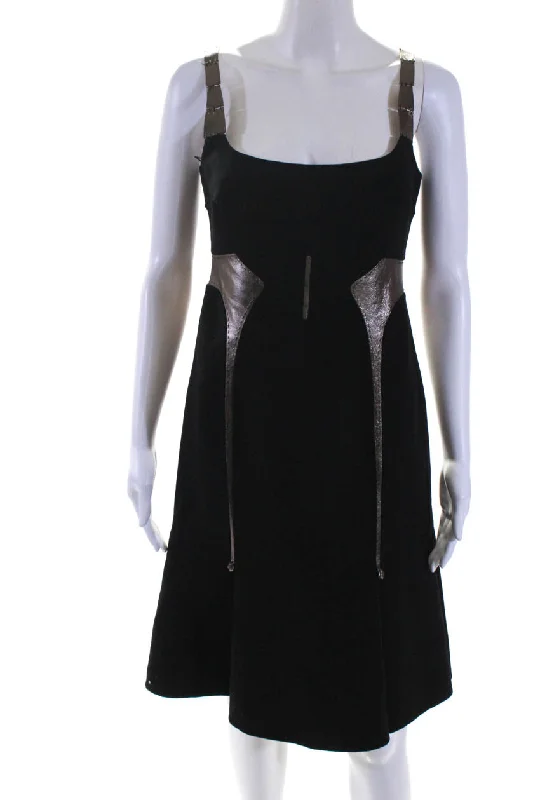 Chado Ralph Rucci Womens Wool Metallic Leather Trim Zip Up Dress Black Sequin unclassified dresses