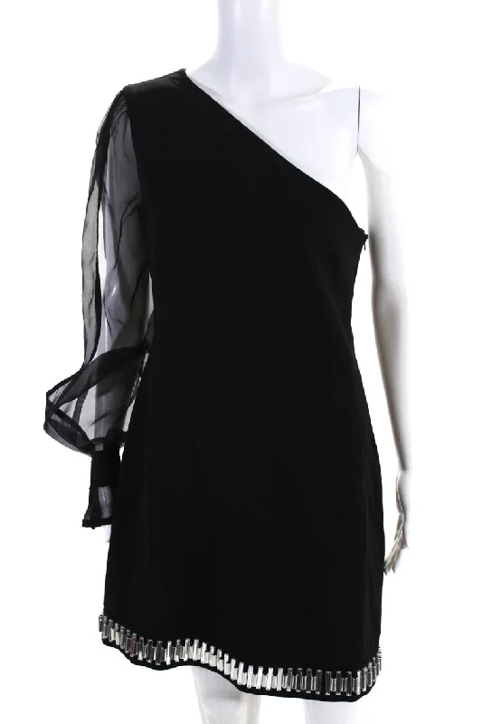 David Koma Womens Silk Geometric Accent Hem Zip One Shoulder Dress Black Satin unclassified dresses