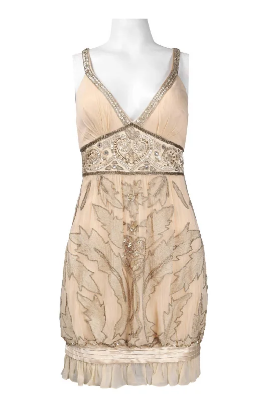 Deep Neck V-Cut Beaded Dress In Antique Champagne Casual chic unclassified dresses