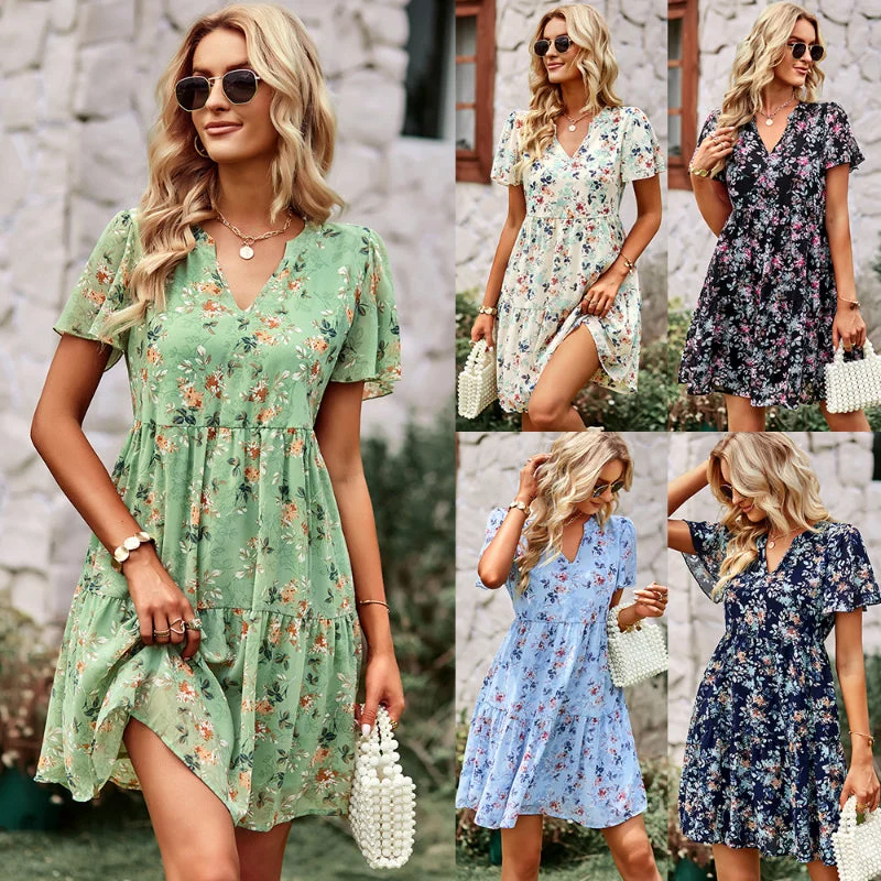 Elegant V-neck Printed Countryside Dress Color block unclassified dresses