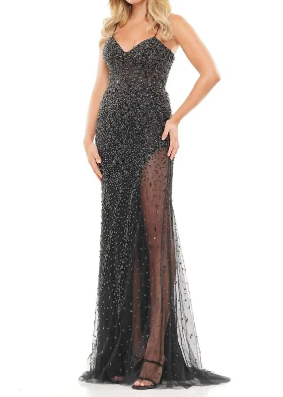 Embellished Sheer Overlay Evening Gown In Black Cotton unclassified dresses