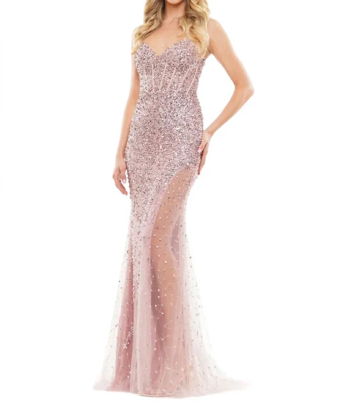 Embellished Sheer Overlay Evening Gown In Dusty Rose Backless unclassified dresses