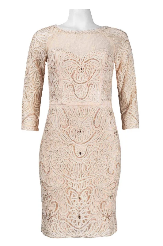 Embroidered Swirl 3/4 Sleeve Sheath Dress In Blush Tiered unclassified dresses