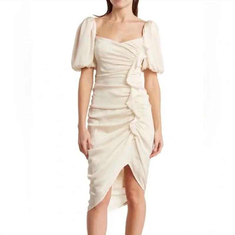 Emma Ruched Bubble Sleeve Midi Dress In Ivory Soft Pleated Midi