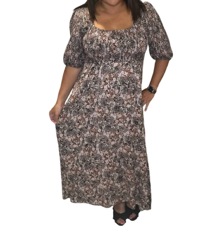 Fall Floral Smocked Midi Dress In Brown Bright Midi Skirt