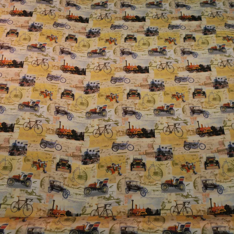 Gray and Gold Cars Motorcycles on a Yellow Background Printed Silk Charmeuse Fabric Casual chic unclassified dresses