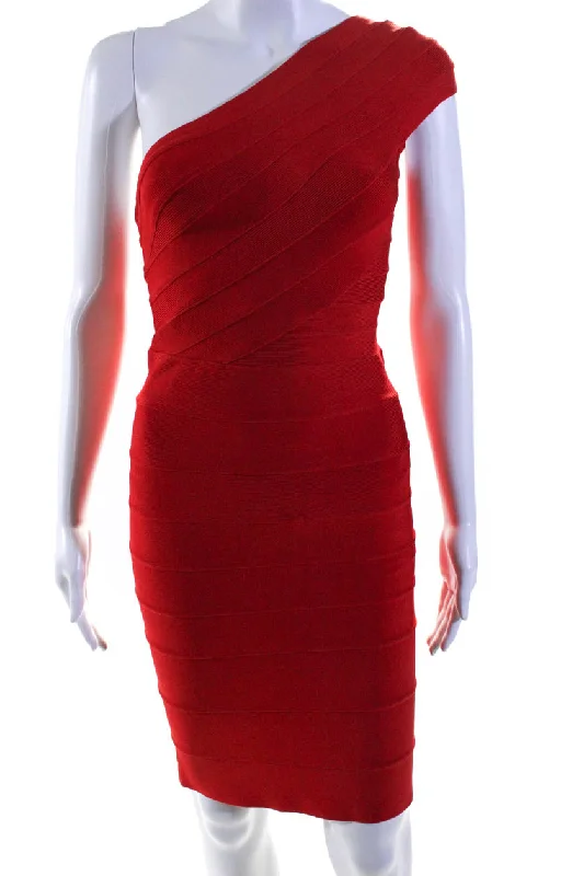 Herve Leger Womens Textured Tiered Zipped One Shoulder Bandage Dress Red Mesh unclassified dresses