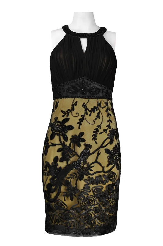 Keyhole Appliqué Mesh Sheath Dress In Black Gold High-end unclassified dresses