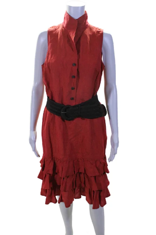 Lafayette 148 New York Women Ruffled Hem Sleeveless Fit & Flare Belted Dress Red Denim unclassified dresses