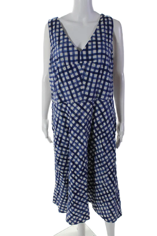 Lafayette 148 New York Womens Striped Check Print Cross Strap Dress Blue Ruffled unclassified dresses