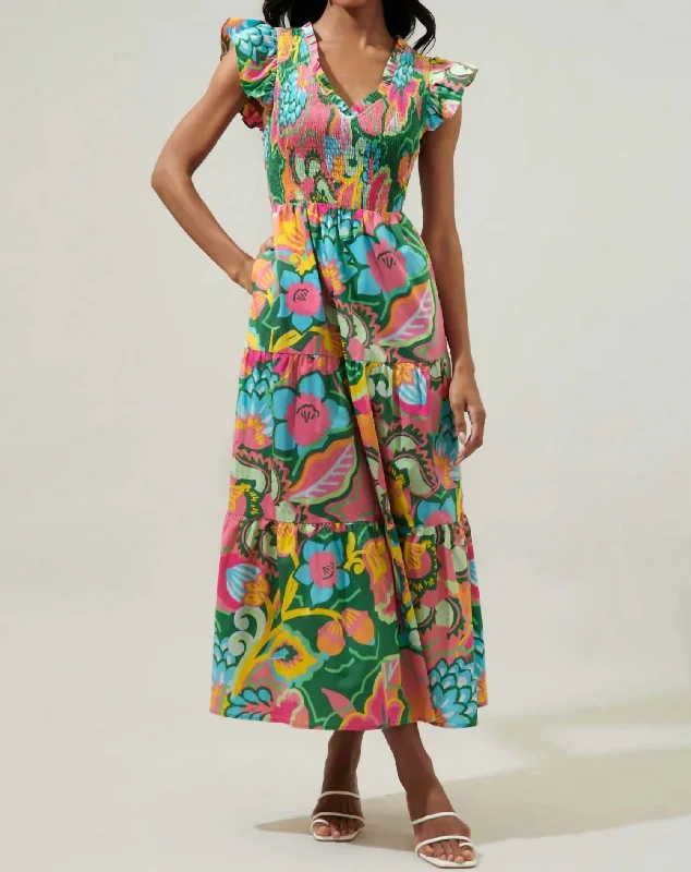 Lanai Tropics Sunfire Smocked Bodice Tiered Midi Dress In Kelly/pink Multi Casual Midi Skirt