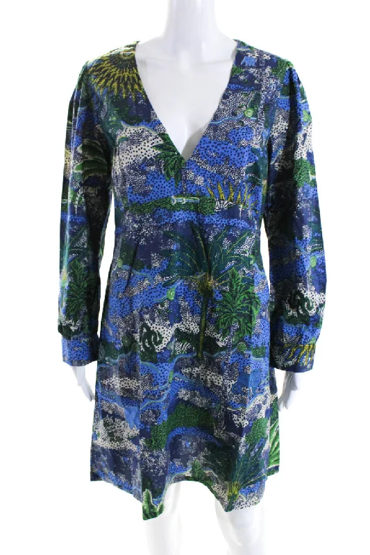 Le Sirenuse Womens V Neck Palm Tree Poplin Shift Dress Blue Green Flowy unclassified dresses