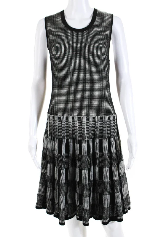 Lela Rose Womens Knit Crewneck Sleeveless Fit & Flare Dress Black White Metallic unclassified dresses